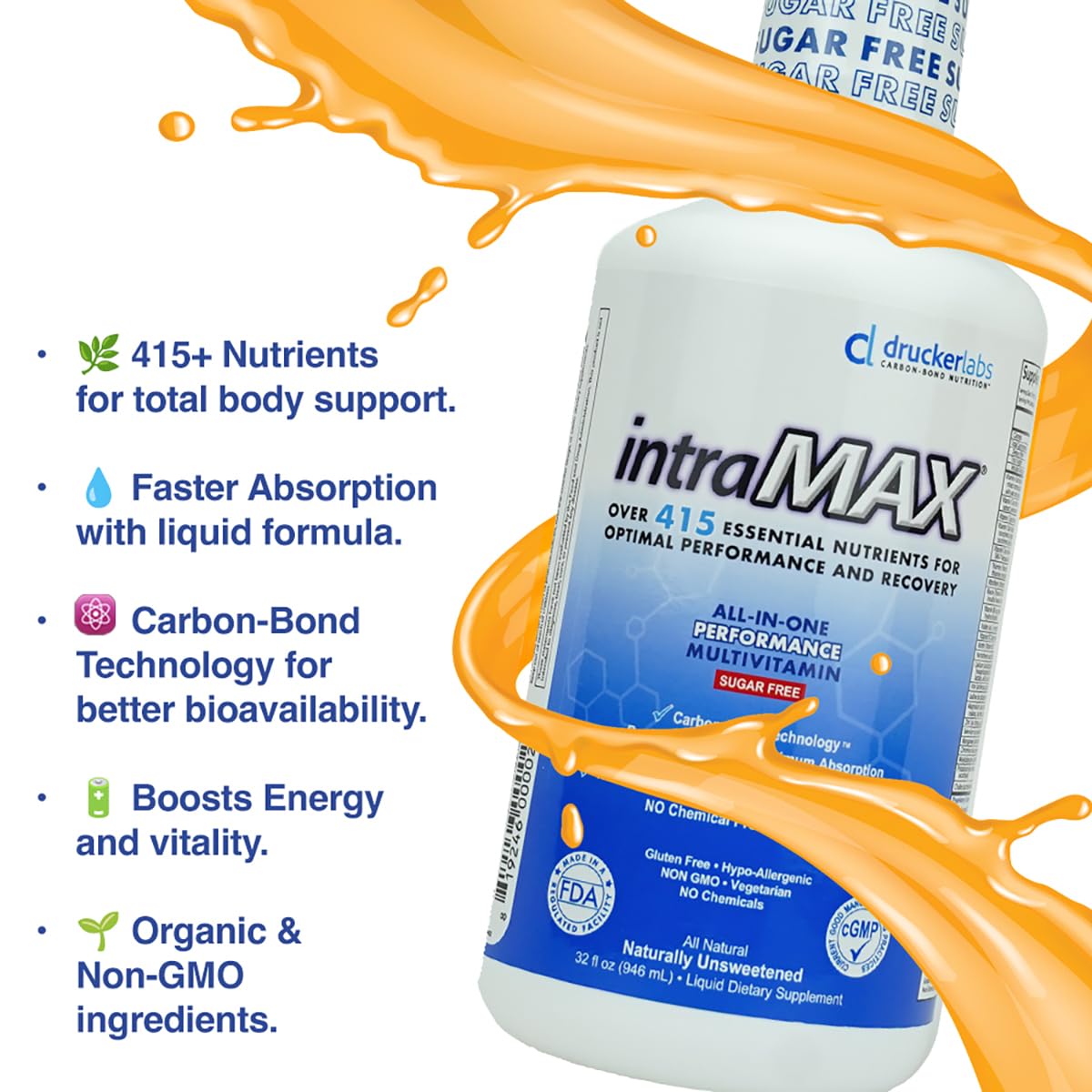 intraMAX Drucker Labs Organic Sugar-Free All-in-One Performance Liquid Multivitamin for Men & Women | Non-GMO, Gluten & Dairy Free | with Magnesium, Zinc, Vitamins D, C & E | 32 oz - Maple Wellness Supplements