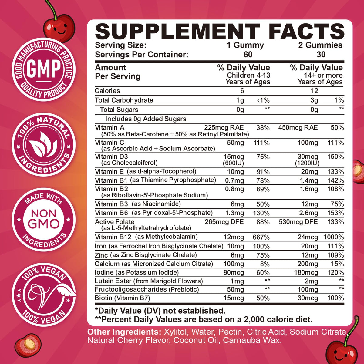 Iron Gummies for Kids & Teens, Kids Multivitamin with Iron Supplement, Calcium, Folate, Zinc, Prebiotic - for Blood Builder & Energy Support, Iron Deficiency - Vegan & Non-GMO - 60 Count Cherry - Maple Wellness Supplements