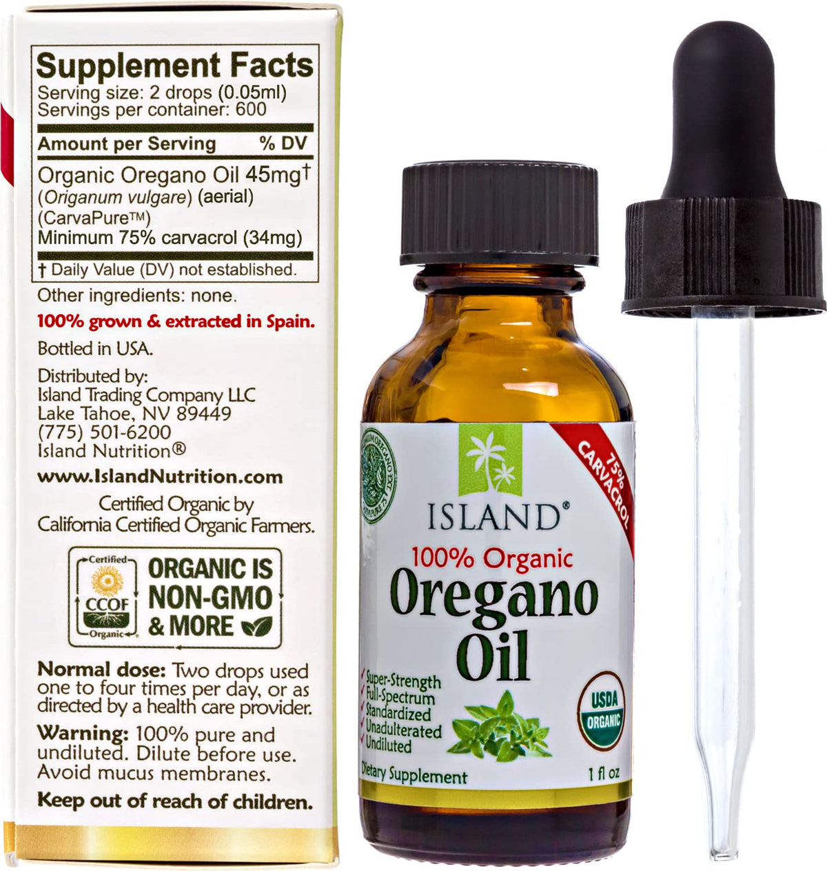 Island Nutrition, Oregano Oil Organic Liquid Drops - 100% Pure & Undiluted - USDA-Certified Organic (1 oz) 75% Carvacrol - Maple Wellness Supplements