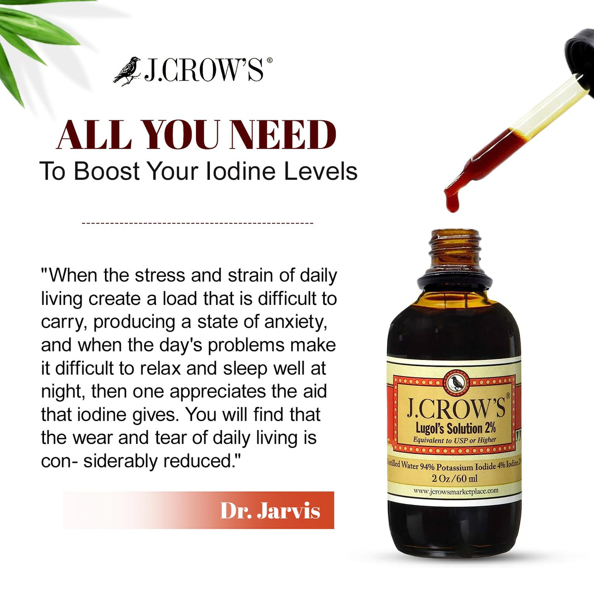 J.CROW'S® Lugol's Solution of Iodine 2% 2 oz (1 Bottle) – Premium Iodine & Potassium Iodide Liquid, Gluten & Alcohol-Free Natural Brine Extract, No Expiration - 1200 Drops - Maple Wellness Supplements