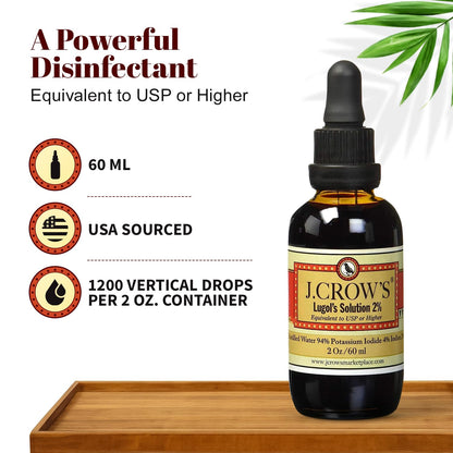 J.CROW'S® Lugol's Solution of Iodine 2% 2 oz (1 Bottle) – Premium Iodine & Potassium Iodide Liquid, Gluten & Alcohol-Free Natural Brine Extract, No Expiration - 1200 Drops - Maple Wellness Supplements