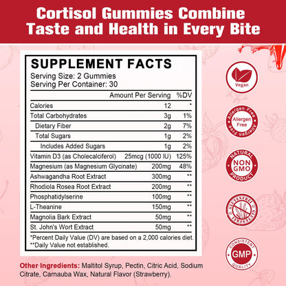 JIANKYTZ Cortisol Gummies for Women with Ashwagandha, Rhodiola Rosea, L-Theanine, Magnesium, Vitamin D3 for Zzz Support, Balanced Cortisol, Vegan, 60 Gummies - Maple Wellness Supplements