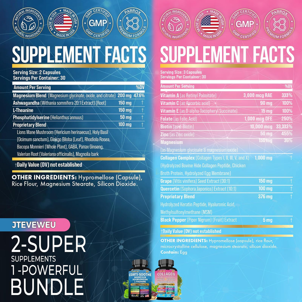 JTEVEweu Shining Serenity Set, Cortisol Support with Ashwagandha, L-Theanine, Magnesium, Lions Mane, GABA, Bacopa Monnieri, Collagen Biotin, Keratin, Hyaluronic Acid, Quercetin - Maple Wellness Supplements