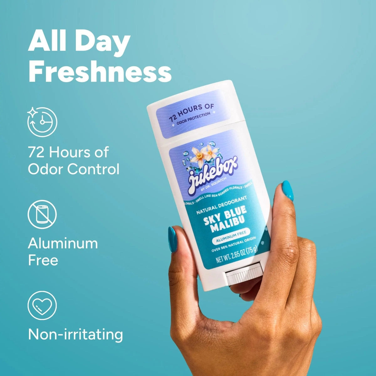 Jukebox Natural Women’s Deodorant – Aluminum Free, 72 Hour Odor Protection – Made with Arrowroot, Charcoal & Postbiotics – Sky Blue Malibu, 2.65 oz - Maple Wellness Supplements