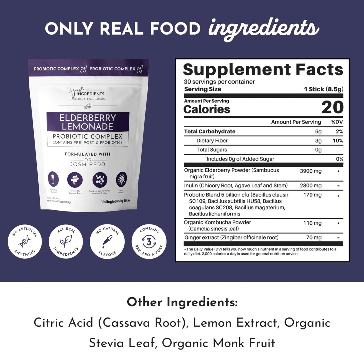 JUST INGREDIENTS Elderberry Lemonade 3-in-1 Probiotic Complex - Prebiotics, Probiotics & Postbiotics - 30 Sticks - Maple Wellness Supplements