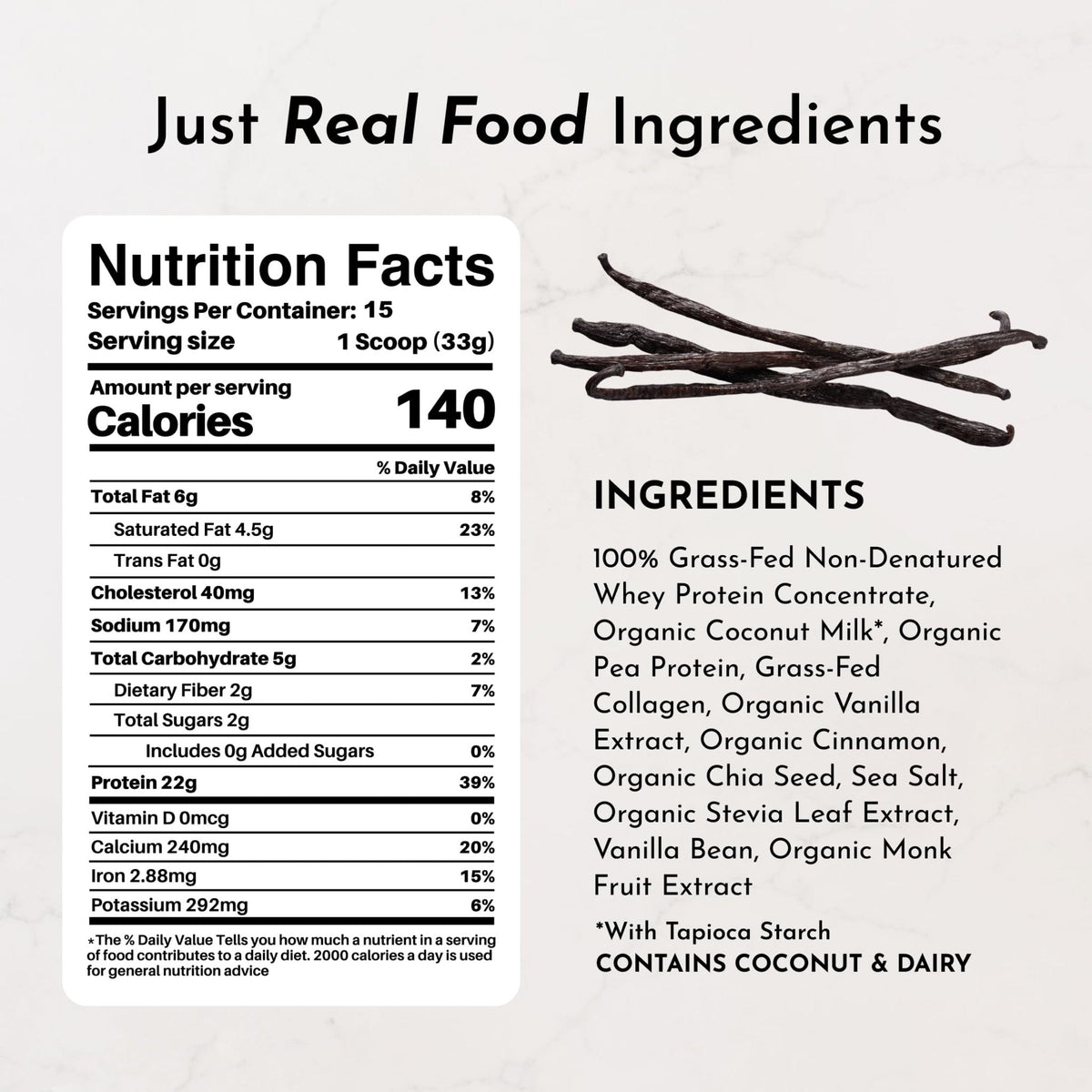 JUST INGREDIENTS Vanilla Protein Powder - Grass-Fed Whey Blend, Organic, Gluten Free, Dairy Free, Soy Free - 15 Servings, 22g Protein - Maple Wellness Supplements