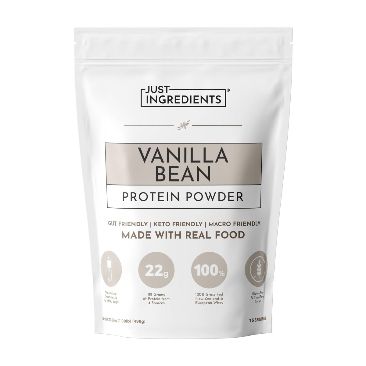 JUST INGREDIENTS Vanilla Protein Powder - Grass-Fed Whey Blend, Organic, Gluten Free, Dairy Free, Soy Free - 15 Servings, 22g Protein - Maple Wellness Supplements