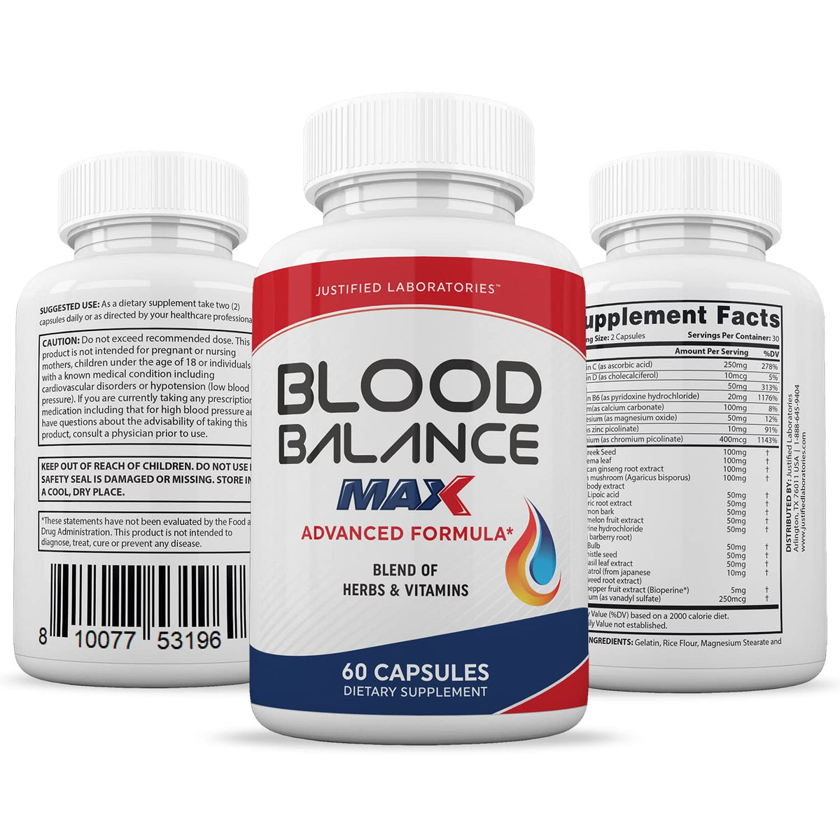 Justified Laboratories (3 Pack) Blood Balance Max 1295MG Supplement Pills 180 Capsules - Maple Wellness Supplements