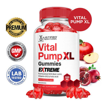 Justified Laboratories (5 Pack) Vital Pump XL Extreme 2000MG Performance Gummies Vital PumpXL Advanced Formula Formulated with Beet Juice ACV Pomegranate Powder B12 Vegan Non GMO 300 Gummys - Maple Wellness Supplements