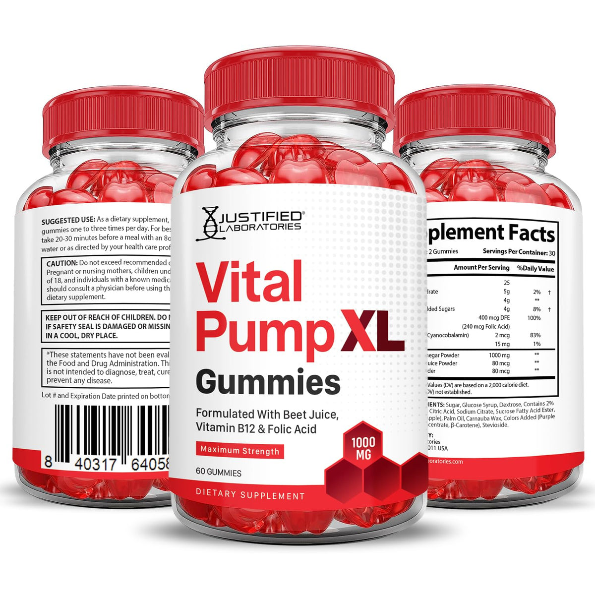 Justified Laboratories (5 Pack) Vital Pump XL Performance Gummies 1000MG Advanced Formula Vital PumpXL Formulated with Beet Juice ACV Pomegranate Beet Powder B12 Vegan Non GMO 300 Gummys - Maple Wellness Supplements