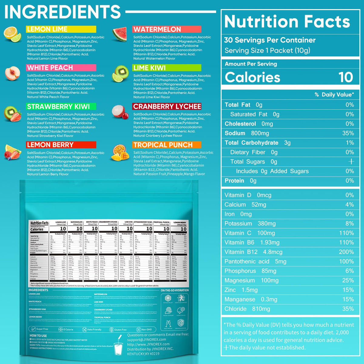 JYNOREX Electrolytes Powder Packets Sugar Free, 30 Sticks High Sodium Hydration Packets, Electrolyte Drink Mix with Lemon Lime Watermelon Peach Berry Kiwi - Maple Wellness Supplements