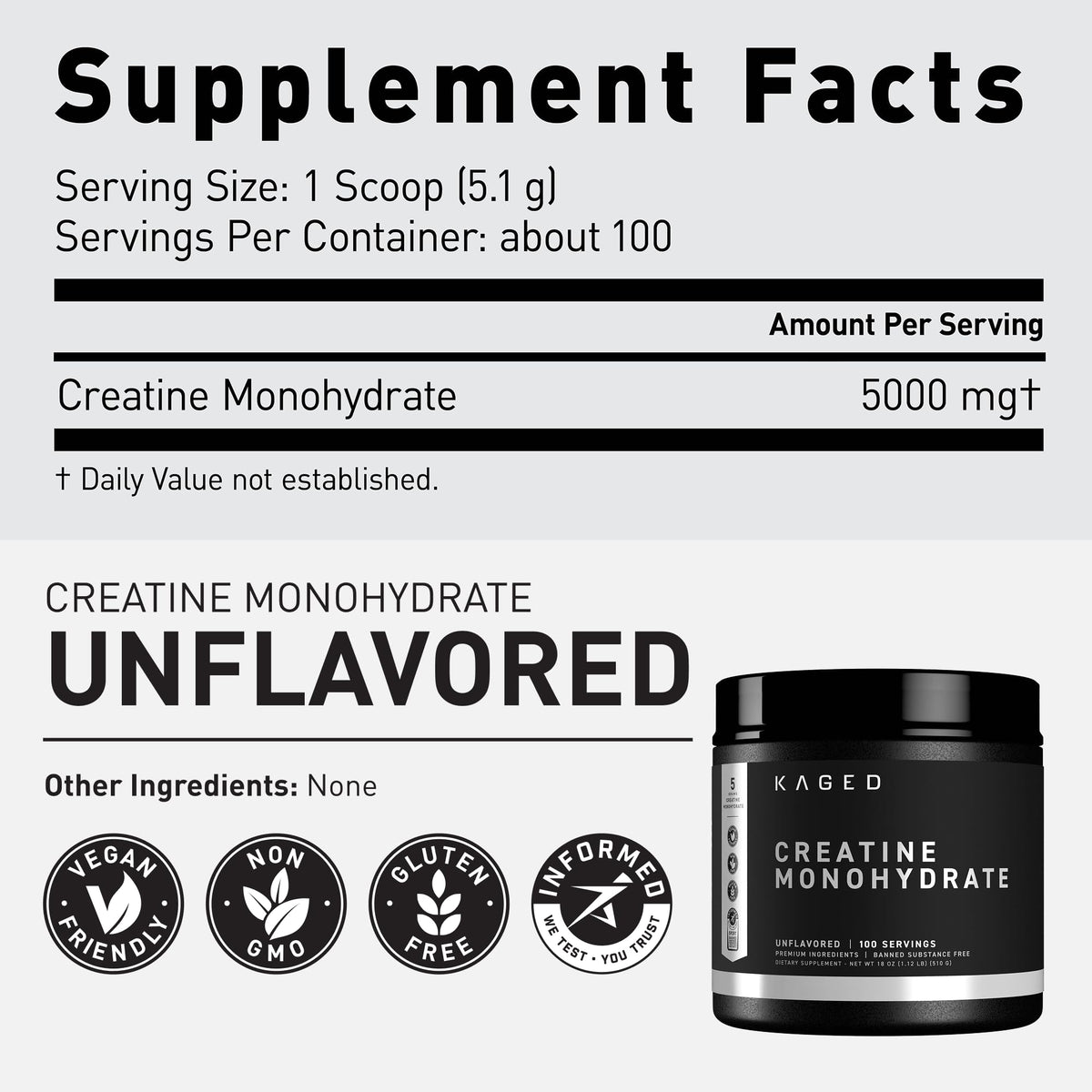 Kaged Creatine Monohydrate Micronized Powder | Unflavored | Muscle Building & Recovery | 5000 mg Per Serving | Vegan, Gluten Free, Easily Digestible - Maple Wellness Supplements