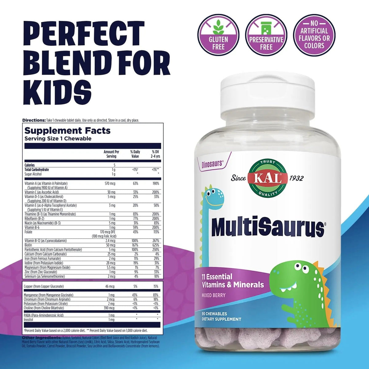 KAL MultiSaurus Kids Chewable Multivitamins, 11 Essential Vitamins and Minerals for Kids, Mixed Berry Flavor, Gluten and Preservative Free - Maple Wellness Supplements