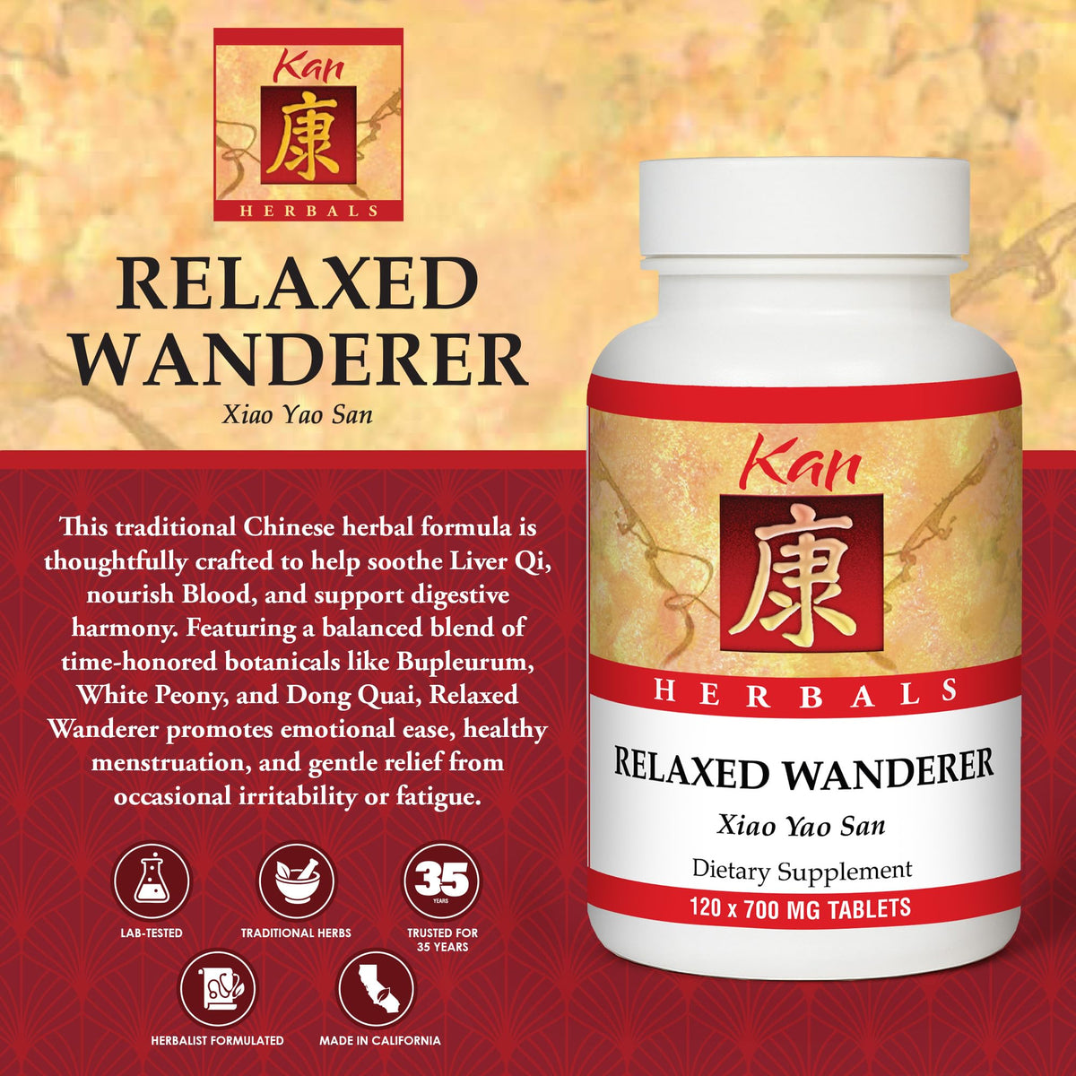 Kan Herbs Company Relaxed Wanderer – Traditional Chinese Herbal Formula to Support Mood, Digestion, and Menstrual Balance, Nourishes Blood, Eases Occasional Tension and Fatigue, 120 Tablets - Maple Wellness Supplements