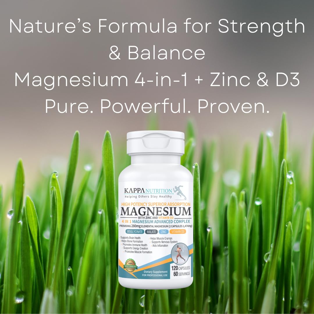 Kappa Nutrition Magnesium 4-in-1, 280mg Elemental Magnesium (Bisglycinate, Malate) + Zinc & Vitamin D3, Brain, Sleep, Energy, Muscle, Immune Support, 120 Vegan Capsules. - Maple Wellness Supplements