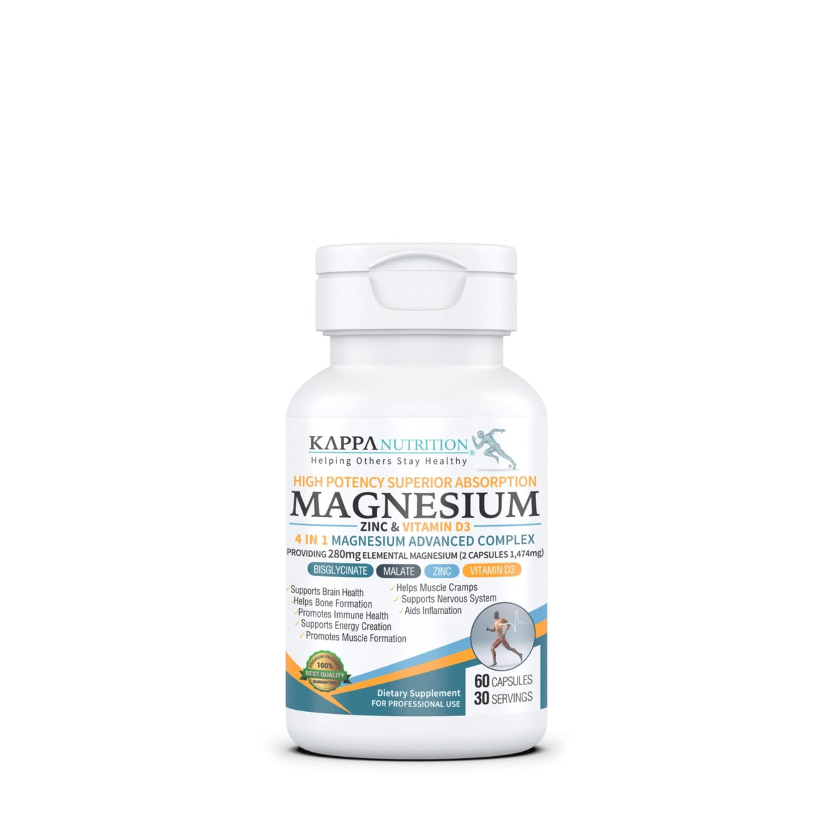 Kappa Nutrition Magnesium 4-in-1, 280mg Elemental Magnesium (Bisglycinate, Malate) + Zinc & Vitamin D3, Brain, Sleep, Energy, Muscle, Immune Support, 60 Vegan Capsules. - Maple Wellness Supplements