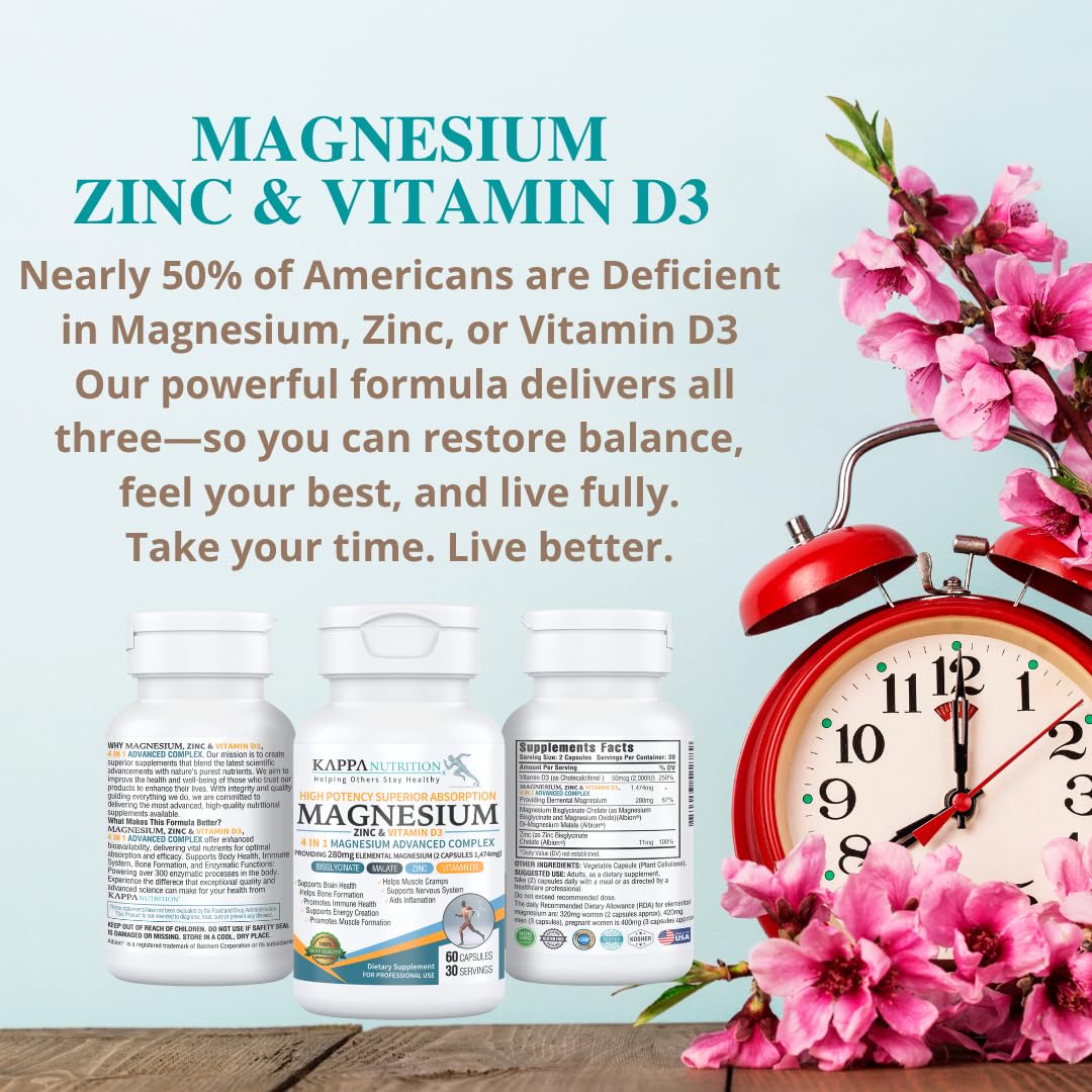 Kappa Nutrition Magnesium 4-in-1, 280mg Elemental Magnesium (Bisglycinate, Malate) + Zinc & Vitamin D3, Brain, Sleep, Energy, Muscle, Immune Support, 60 Vegan Capsules. - Maple Wellness Supplements