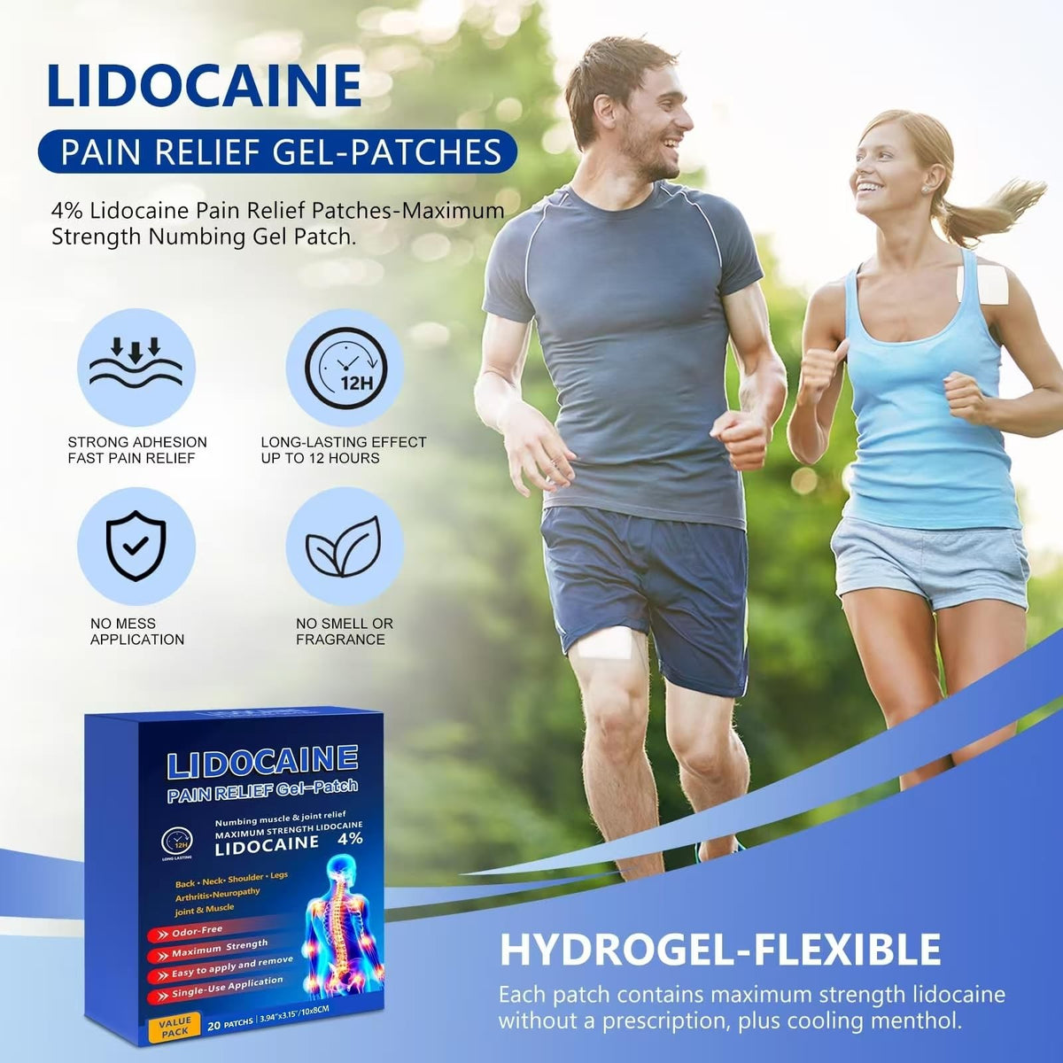 KIbabyDI Professional Lidocaine Pain Relief Patches - 20 Count | 4% Medicated Gel Patches for Targeted Joint & Muscle Comfort | Long-Lasting 12-Hour Relief, Ultra-Flexible Design -lb265 - Maple Wellness Supplements