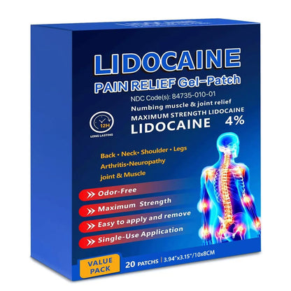 KIbabyDI Professional Lidocaine Pain Relief Patches - 20 Count | 4% Medicated Gel Patches for Targeted Joint & Muscle Comfort | Long-Lasting 12-Hour Relief, Ultra-Flexible Design -lb265 - Maple Wellness Supplements