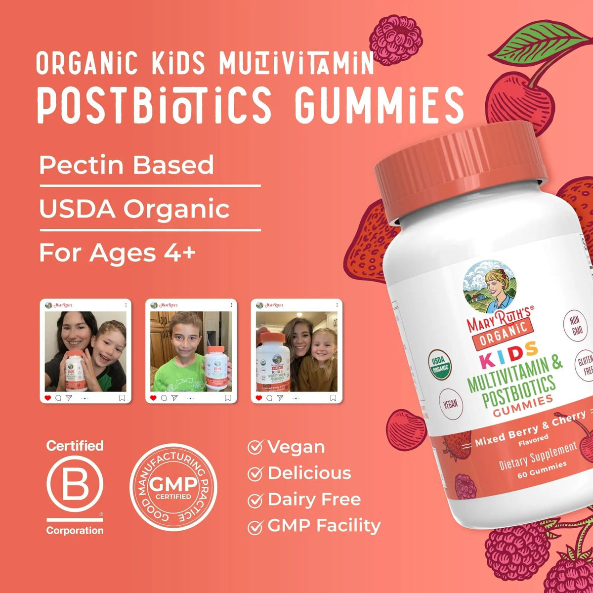 Kids Vitamins by MaryRuth's | USDA Organic | Multivitamin Gummies + Postbiotics for Ages 4+ | Multivitamin for Kids with Lactobacillus Rhamnosus | Children’s Vitamins | Vegan | Non-GMO | 60 Count - Maple Wellness Supplements