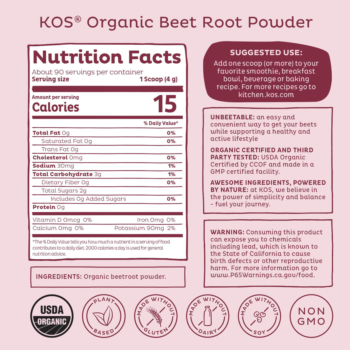 KOS Organic Beet Root Powder, USDA Organic - Natural Nitric Oxide Booster, Superfood Plant Based Beetroot Antioxidant, Supports Active Lifestyle & Healthy Circulation, - Maple Wellness Supplements