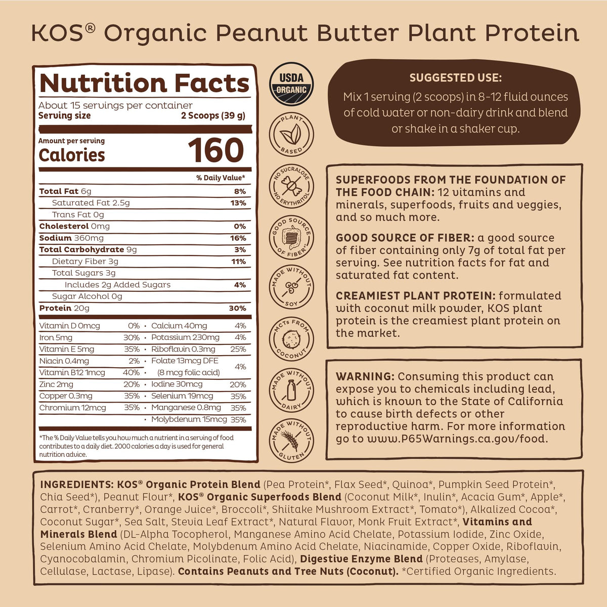 KOS Organic Plant Based Protein Powder, Chocolate Peanut Butter - Delicious Vegan Protein Powder - Keto Friendly, Gluten Free, Dairy Free & Soy Free - 15 Servings - Maple Wellness Supplements