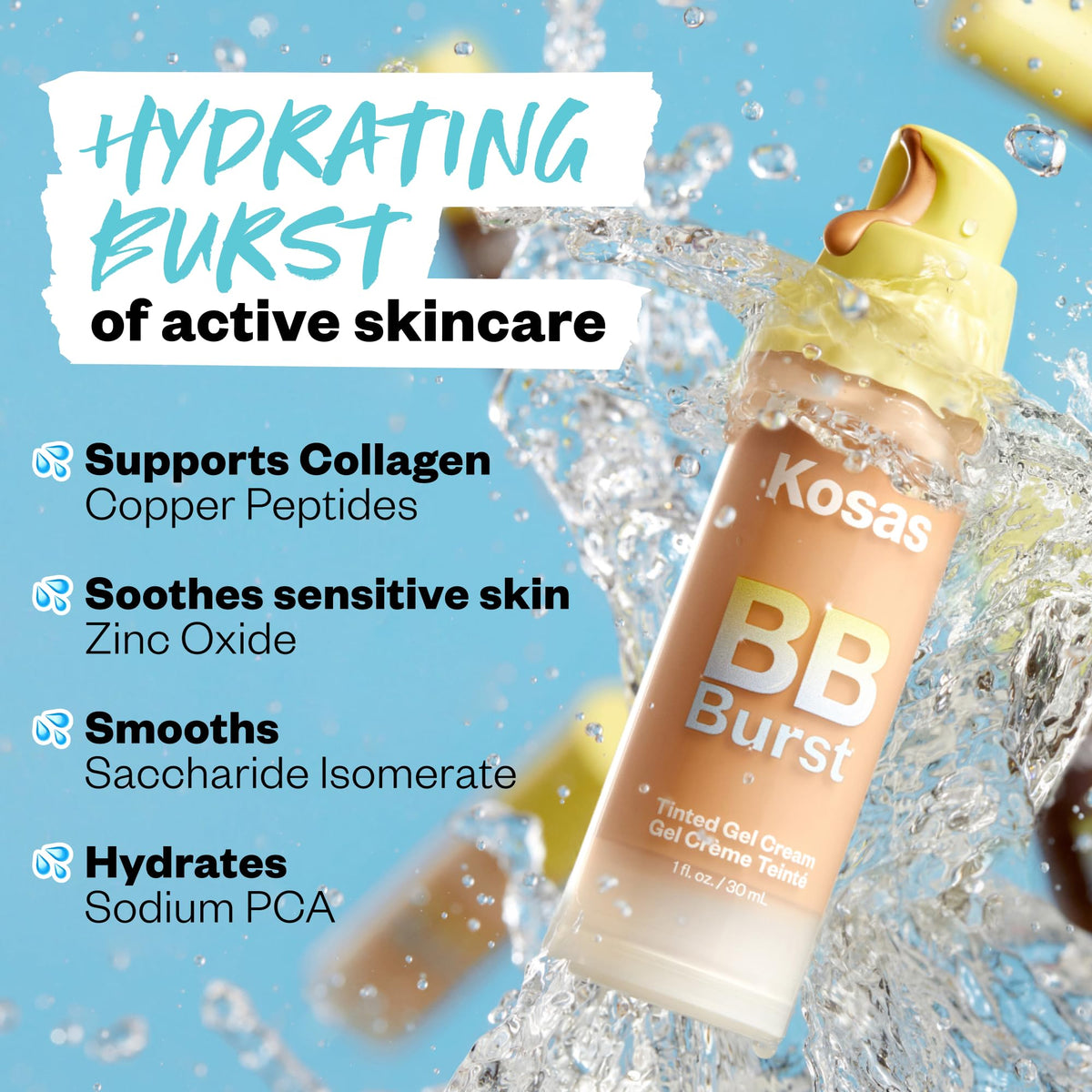 Kosas BB Burst Tinted Face Gel Cream - Supports Healthy Collagen, Smoothes Skin, Hydrates & Moisturizes - Lightweight Buildable Coverage - Light+ Cool 15, (1 Oz/30 ML) - Maple Wellness Supplements