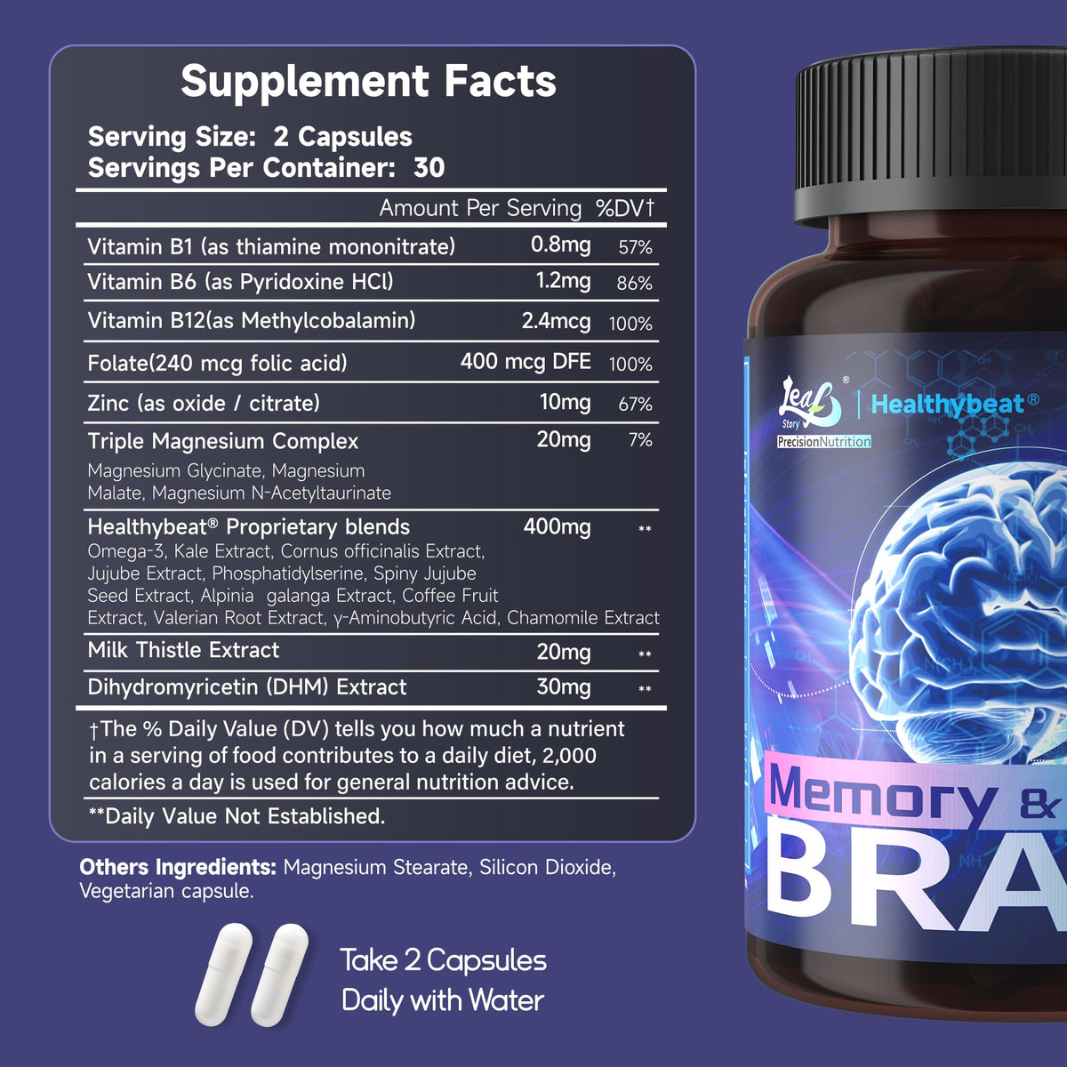 LeafStory Nootropic Brain Supplements for Memory and Focus, Cognitive Function for Mental Health & Clarity, Vitamin B6 B12, Folate & Dihydromyricetin, 60 Capsules - Maple Wellness Supplements