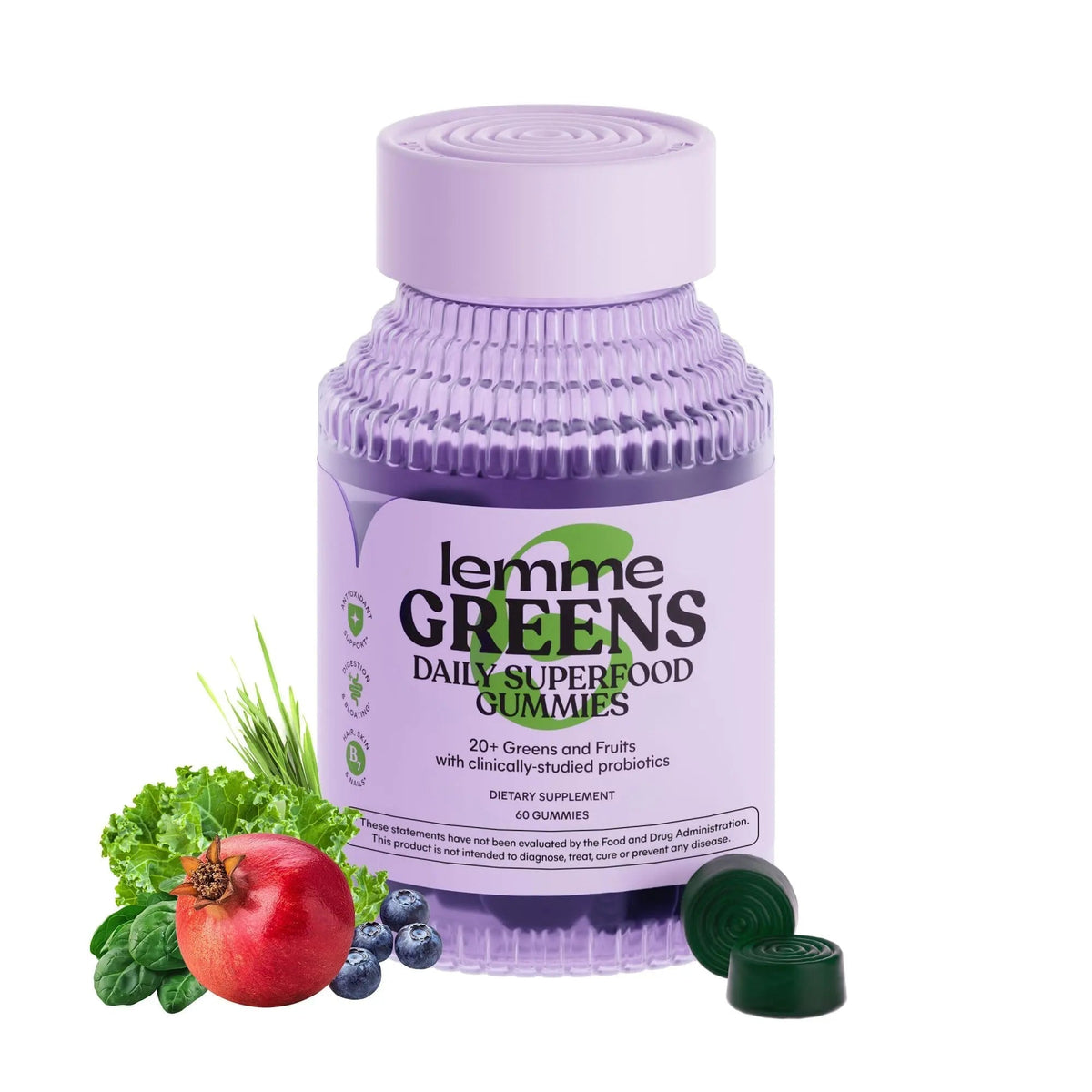 Lemme Greens Superfood Gummies w/Multi - Support Gut Health & Reduce Bloating, 20+ Organic Greens and Superfruits, Clinically Studied Probiotics, D3, B12 - Berries & Greens Flavored (60 Count) - Maple Wellness Supplements