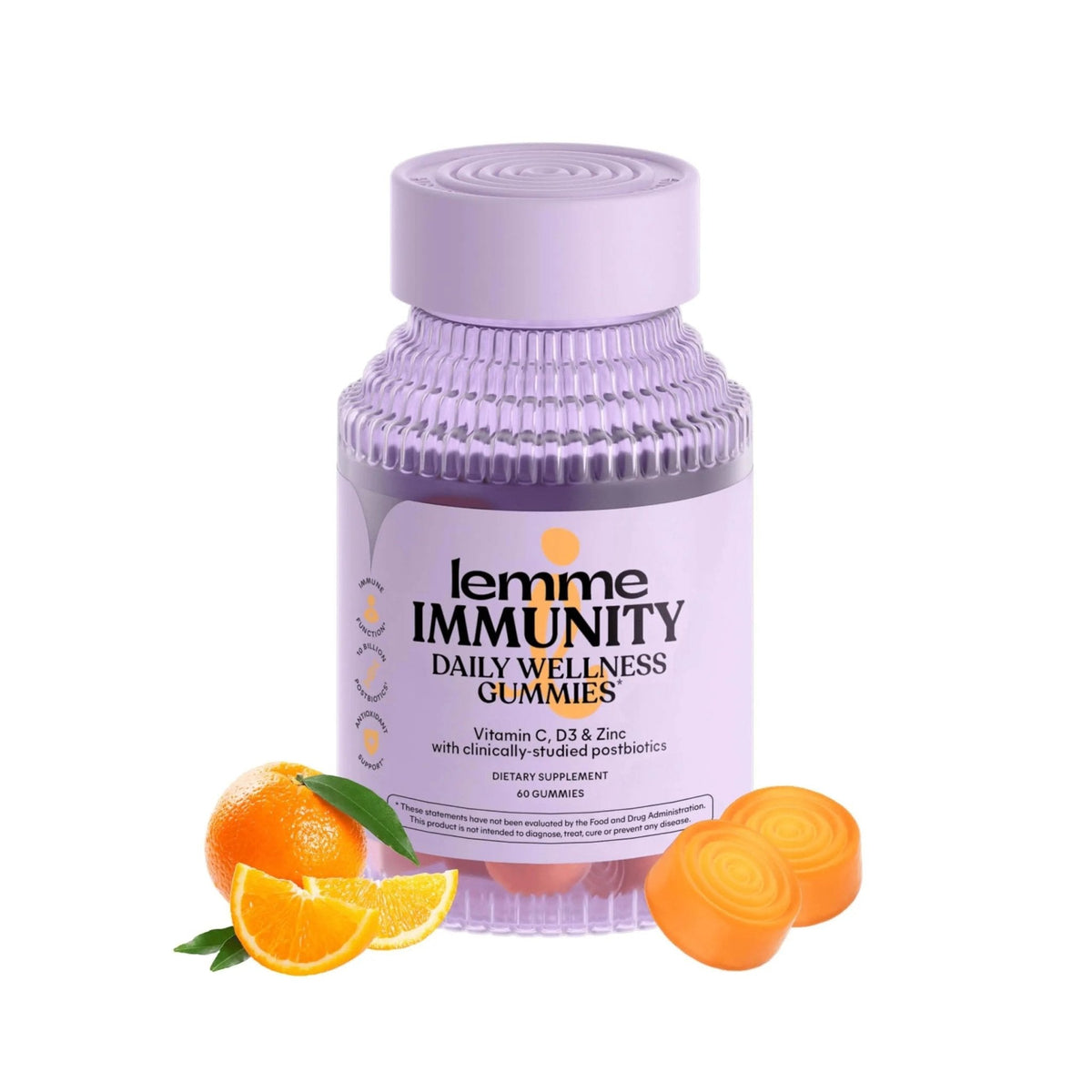 Lemme Immunity Postbiotic Gummies with Vitamin C, Vitamin D (2000 IU), Zinc, 10 Billion Postbiotic Cells, Astragalus for Immune Support - Vegetarian, Gluten Free, Sweet Orange (60 Count) - Maple Wellness Supplements