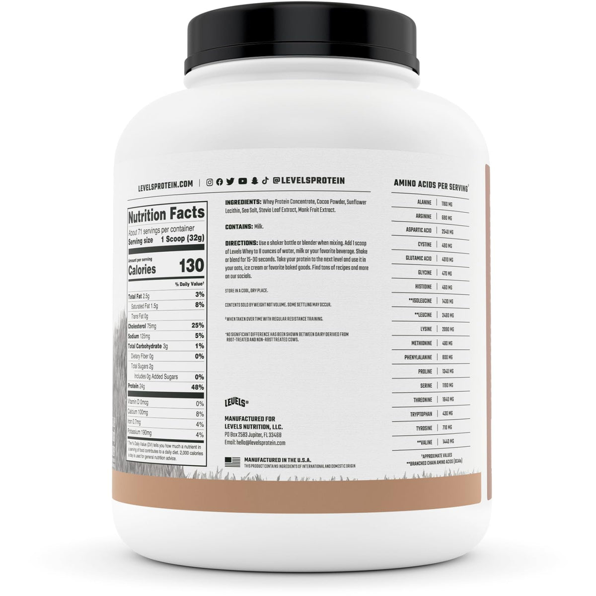Levels Grass Fed 100% Whey Protein, No Hormones, Pure Chocolate, 5LB - Maple Wellness Supplements