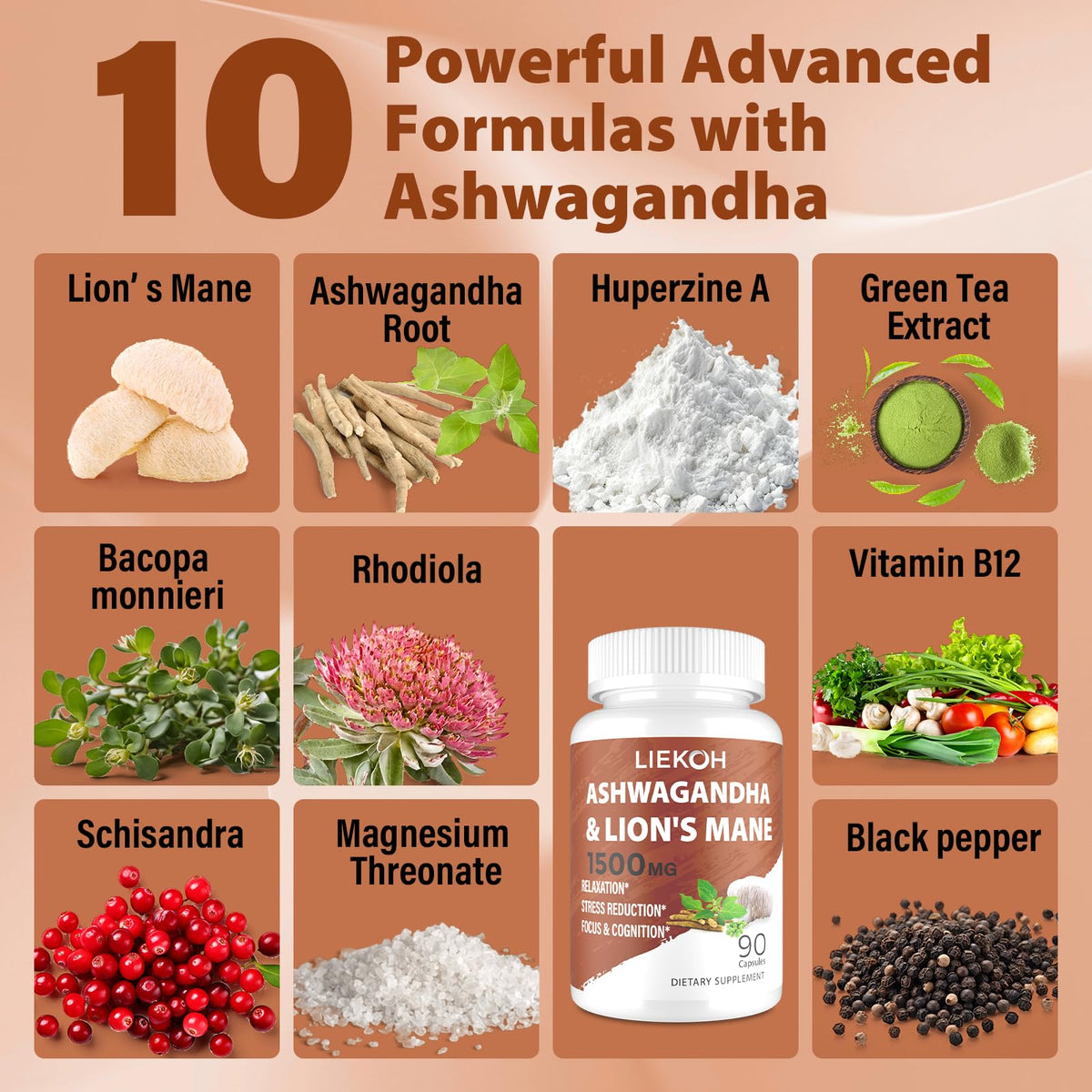 Liekoh Ashwagandha & Lions Mane Supplement Capsules, Brain Supplements for Memory and Focus, Ashwagandha Supplement with Rhodiola & Black Peppe, Cortisol Supplements for Women & Men,90 Caps - Maple Wellness Supplements