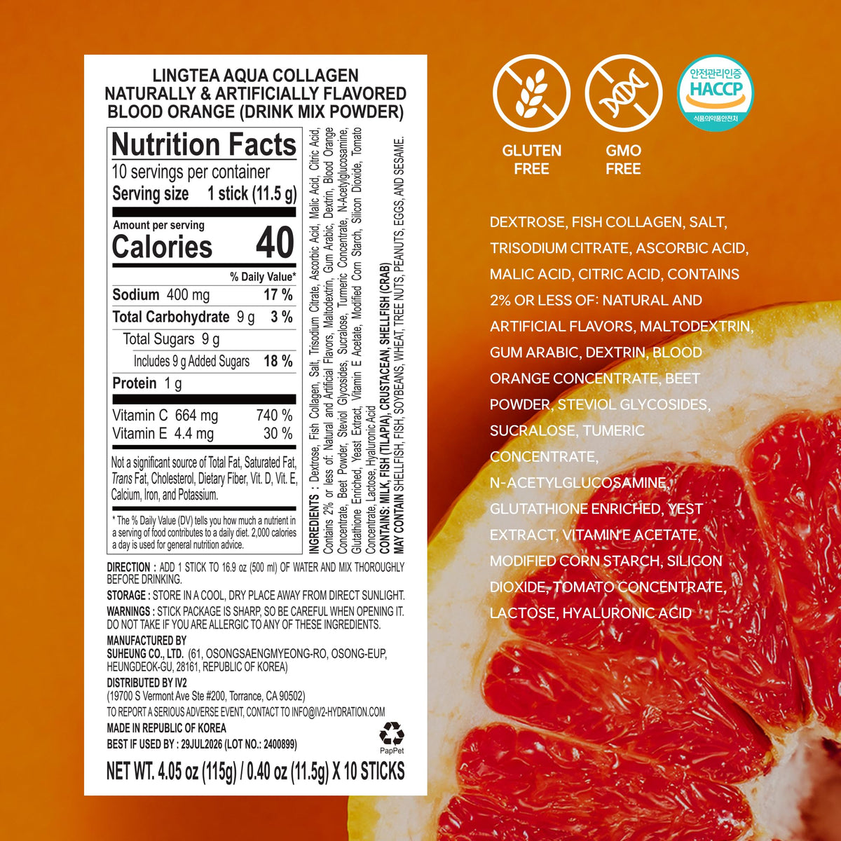 LINGTEA Doctor Developed Hydration Aqua Collagen Drink Mix -Blood Orange Flavor | 1,000mg Ultra-Micro Collagen | Maximum Absorption | Rapid Hydration | Vitamin C | Anti-Aging | Skin Health | 10 Count - Maple Wellness Supplements