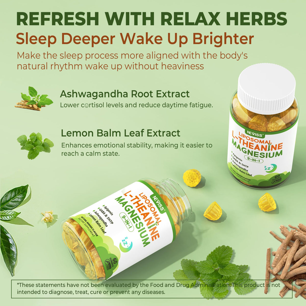 Liposomal L-Theanine 200mg Magnesium Glycinate 400mg Gummies with GABA, 5HTP, Apigenin, Vitamin B6 & D3, Ashwagandha, Lemon Balm Leaf, Melatonin Free Sleep - Maple Wellness Supplements