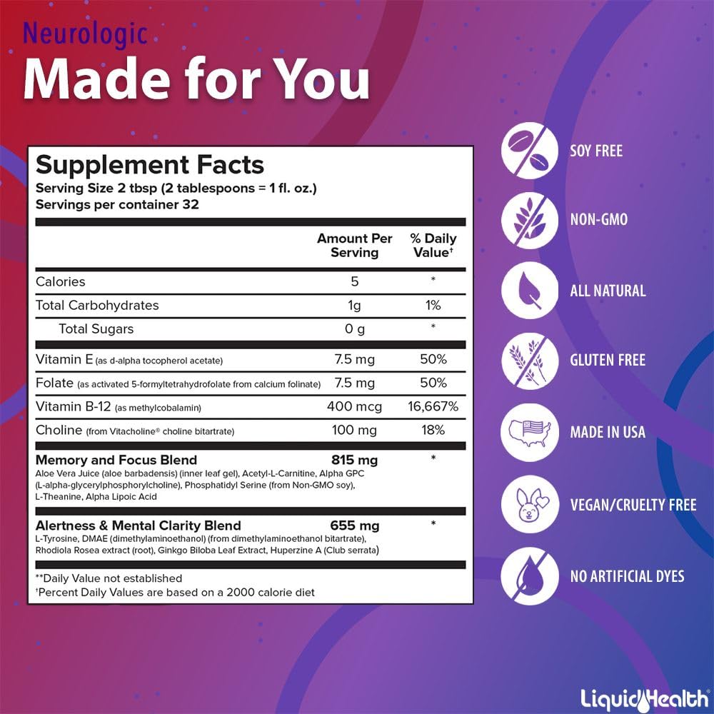 LIQUIDHEALTH Neurologic Focus Supplement - Brain Booster Nootropic Supplement for Cognitive Function, Memory & Focus with Ginkgo Biloba, Choline, L-Theanine & Phosphatidylserine - USA Made (32 oz) - Maple Wellness Supplements
