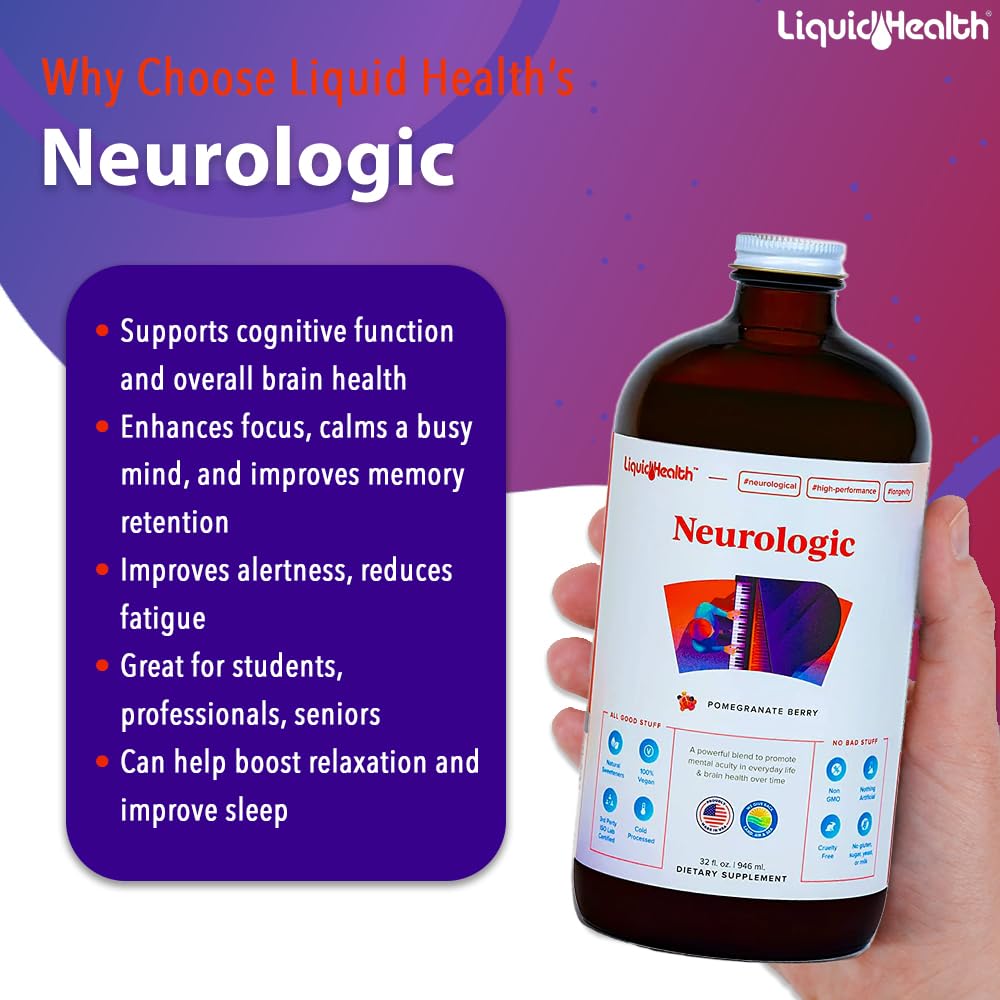LIQUIDHEALTH Neurologic Focus Supplement - Brain Booster Nootropic Supplement for Cognitive Function, Memory & Focus with Ginkgo Biloba, Choline, L-Theanine & Phosphatidylserine - USA Made (32 oz) - Maple Wellness Supplements