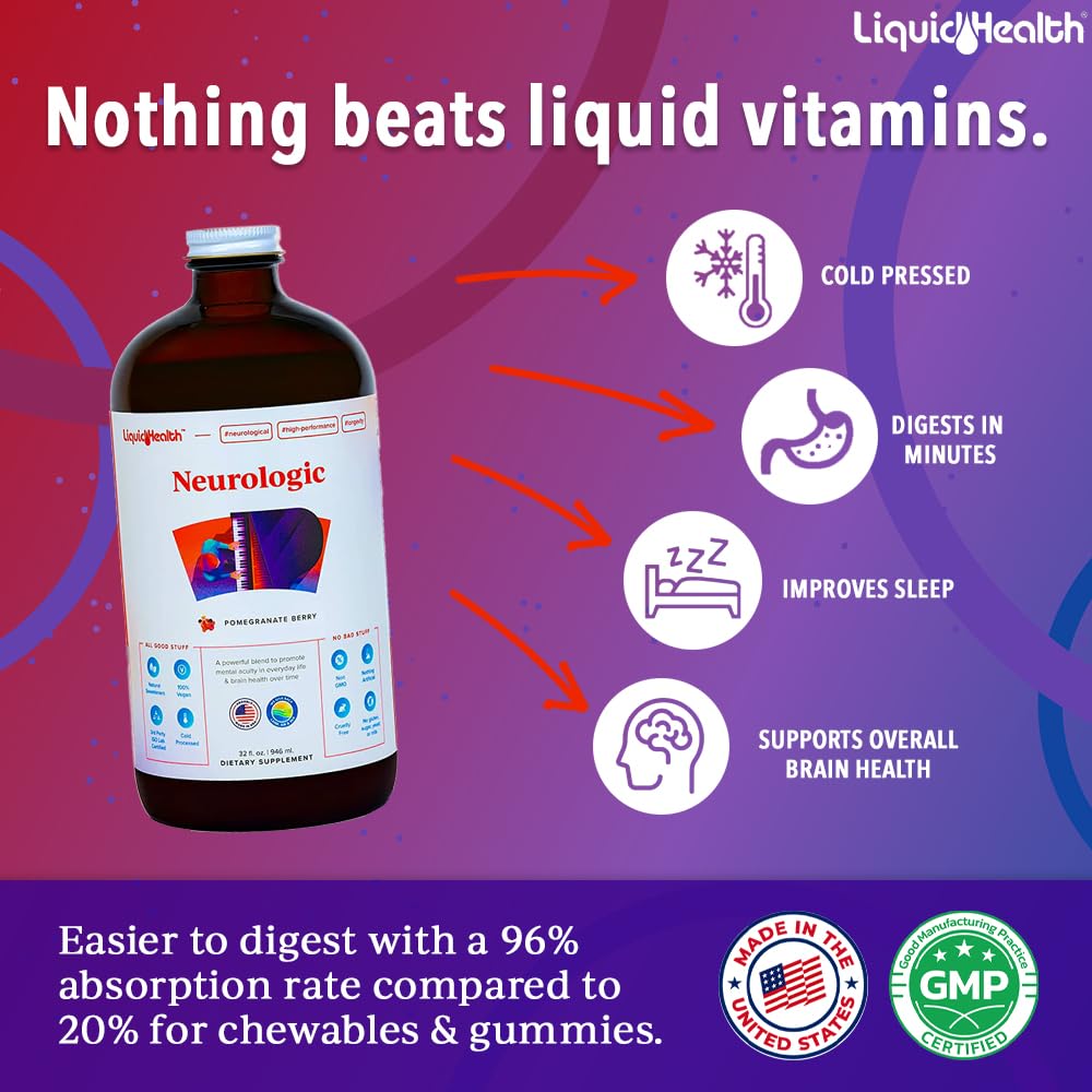 LIQUIDHEALTH Neurologic Focus Supplement - Brain Booster Nootropic Supplement for Cognitive Function, Memory & Focus with Ginkgo Biloba, Choline, L-Theanine & Phosphatidylserine - USA Made (32 oz) - Maple Wellness Supplements