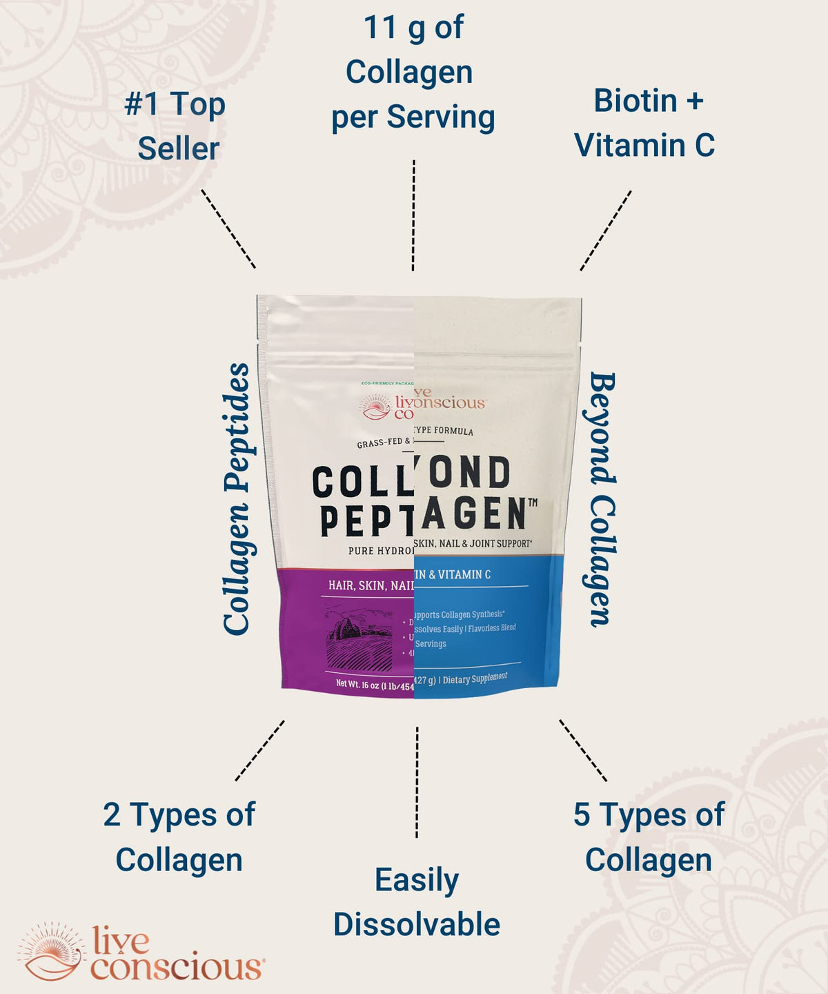 Live Conscious Collagen Powder Hydrolyzed Collagen Peptides Type I & III - Keto & Paleo Friendly - Unflavored - 20 Servings, 7.8 oz - Maple Wellness Supplements