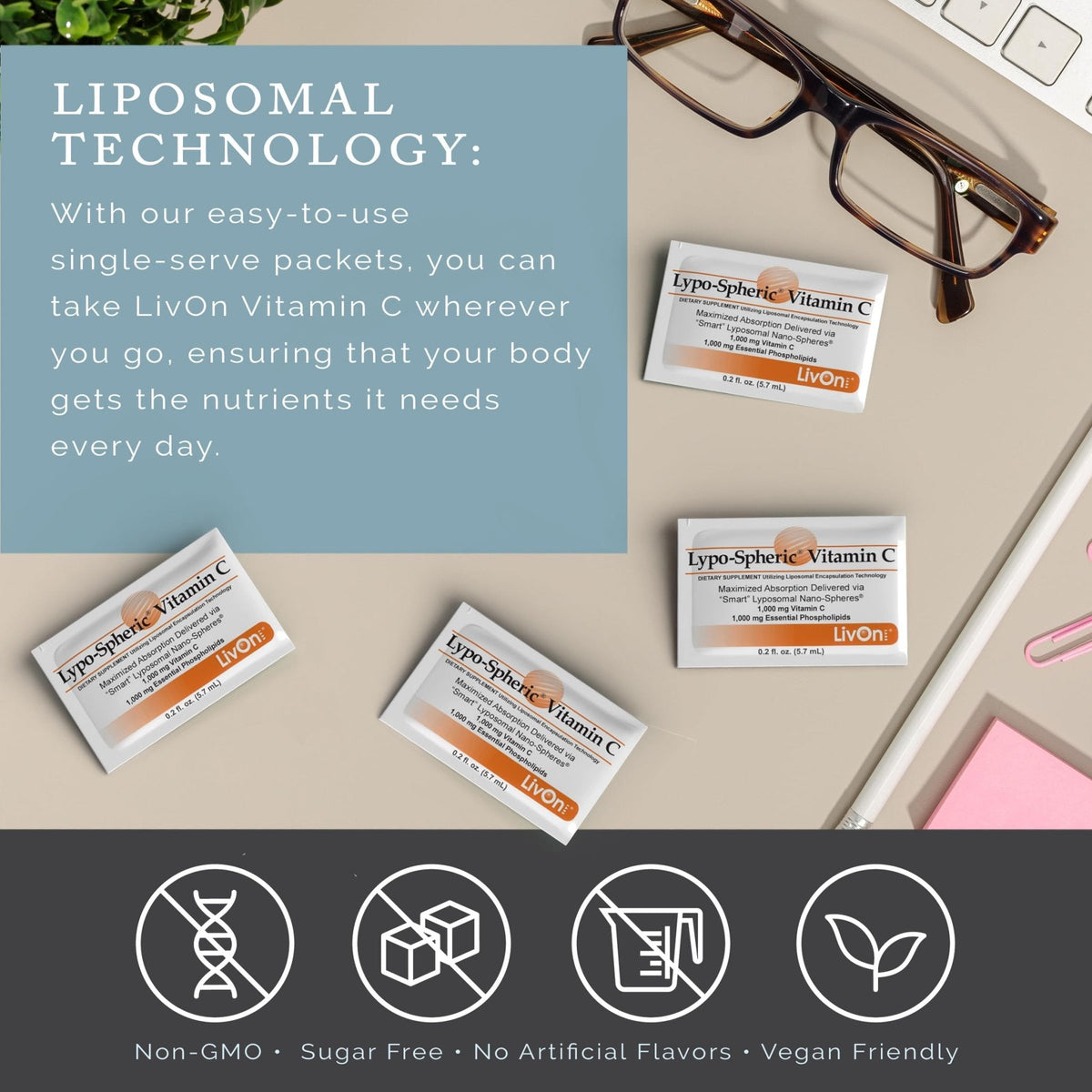 LivOn Laboratories - Lypo–Spheric Vitamin C – 1,000 mg Vitamin C & 1,000 mg Essential Phospholipids Per Packet – Liposome Encapsulated for Improved Absorption – Non–GMO - 12 Pack (360 Count) - Maple Wellness Supplements