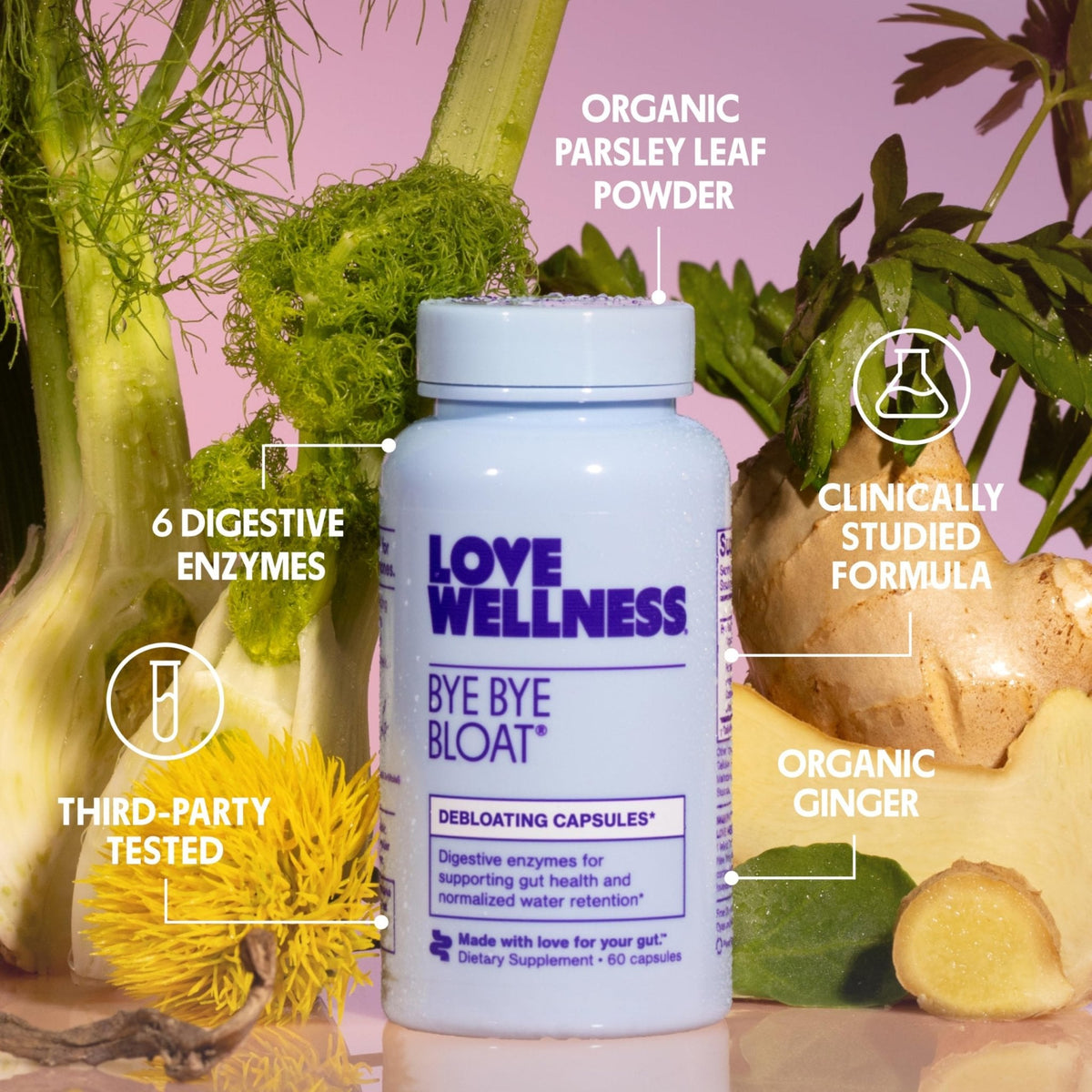 Love Wellness Bye Bye Bloat | Digestive Enzymes for Fast Acting Bloating Relief for Women | Helps Reduce Water Retention & Gas Relief | Supports Digestive Health with Fenugreek & Dandelion | 60 Count - Maple Wellness Supplements