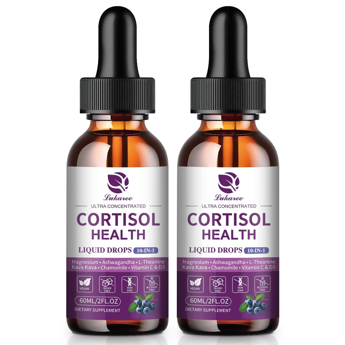 Lukaree Cortisol Supplements for Women, 10 in 1 Cortisol Reducer Detox with Ashwagandha, L-theanine, Kava Kava, Magnesium, Lower Cortisol, Mood, Focus, Sleep Support - 2 FL.OZ, Blueberry Flavor - Maple Wellness Supplements