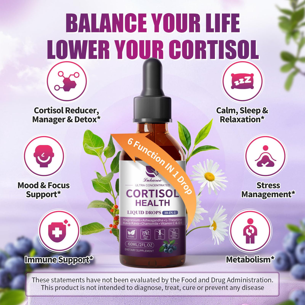 Lukaree Cortisol Supplements for Women, 10 in 1 Cortisol Reducer Detox with Ashwagandha, L-theanine, Kava Kava, Magnesium, Lower Cortisol, Mood, Focus, Sleep Support - 2 FL.OZ, Blueberry Flavor - Maple Wellness Supplements