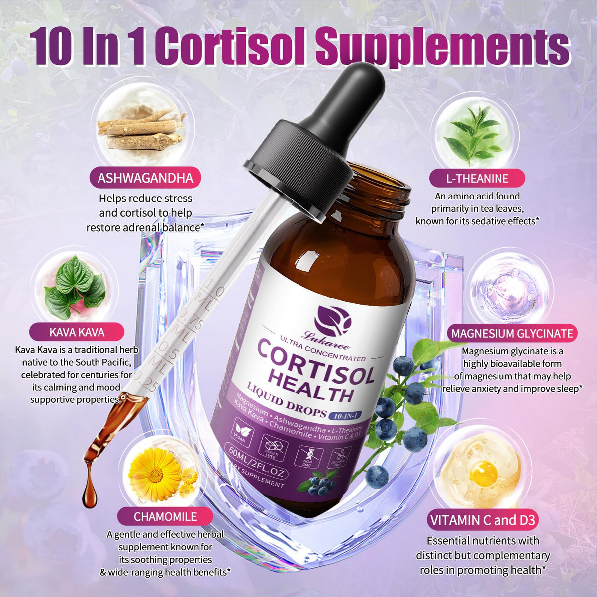 Lukaree Cortisol Supplements for Women, 10 in 1 Cortisol Reducer Detox with Ashwagandha, L-theanine, Kava Kava, Magnesium, Lower Cortisol, Mood, Focus, Sleep Support - 2 FL.OZ, Blueberry Flavor - Maple Wellness Supplements