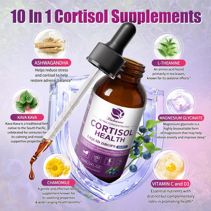 Lukaree Cortisol Supplements for Women, 10 in 1 Cortisol Reducer Detox with Ashwagandha, L-theanine, Kava Kava, Magnesium, Lower Cortisol, Mood, Focus, Sleep Support - 2 FL.OZ, Blueberry Flavor - Maple Wellness Supplements
