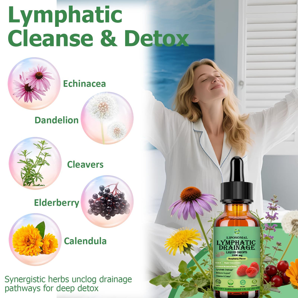 Lymphatic Drainage Drops, 18-in-1 Herbal Lymph System Support w. Echinacea Elderberry Dandelion Burdock Root Cleavers for Lymphatic Cleanse Detox Immune Support, Liposoaml for Max Absorption - Maple Wellness Supplements