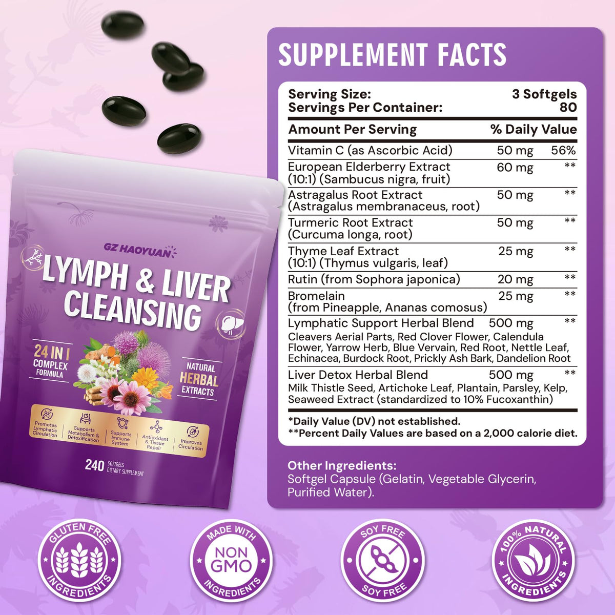 Lymphatic Drainage Supplement, Liver Cleanse Detox & Repair, 24-in-1 Herbal Blend with Echinacea, Dandelion, Burdock, Bromelain, Calendula, Turmeric - Lymph System Support, Less Bloating, 240 Softgels - Maple Wellness Supplements
