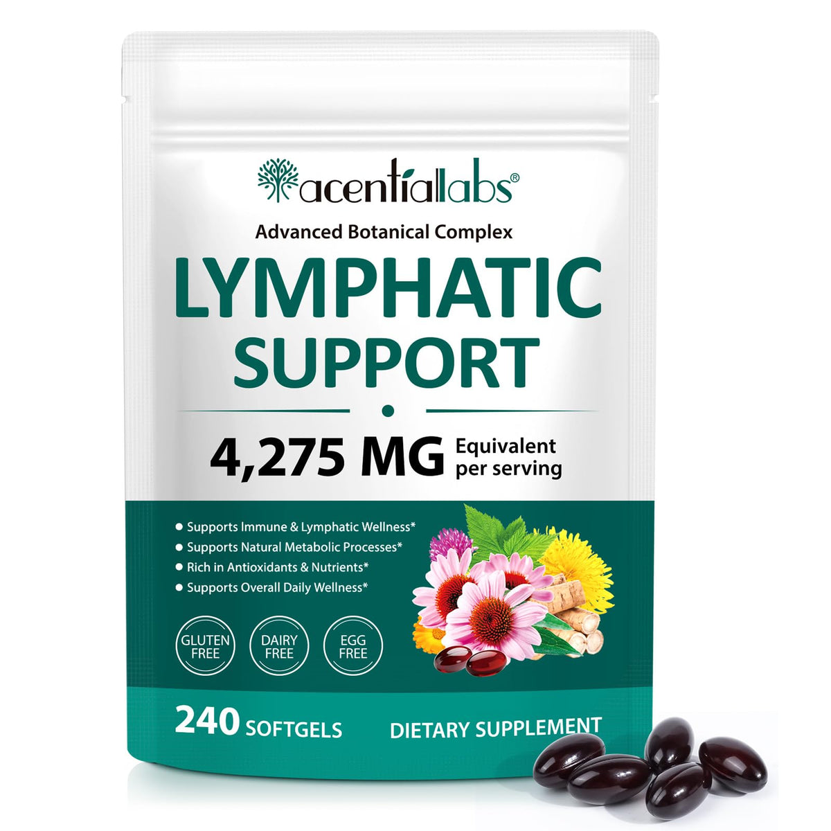 Lymphatic Drainage Supplements, 4275mg Lymph System Support for Women & Men, Herbal Lymphatic Complex with Dandelion, Burdock, Echinacea, Cleavers, Turmeric & Bromelain for Fluid Balance, 240 Capsules - Maple Wellness Supplements