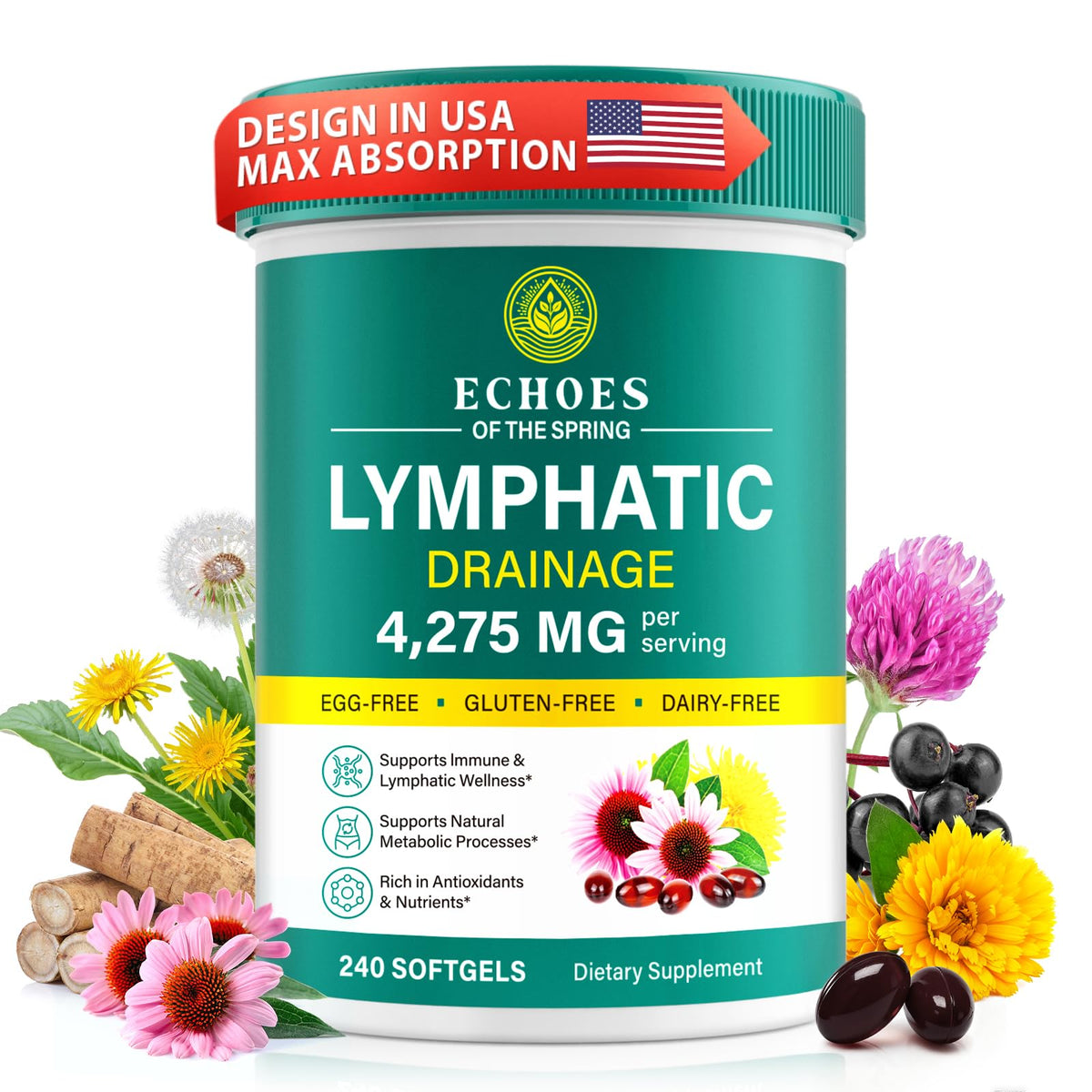 Lymphatic Drainage Supplements, 4275mg Lymph System Support Supplement for Women & Men, Daily Wellness Support, 21-in-1 Herbal Blend with Echinacea, Dandelion, Burdock, Turmeric & More, 240 Softgels - Maple Wellness Supplements