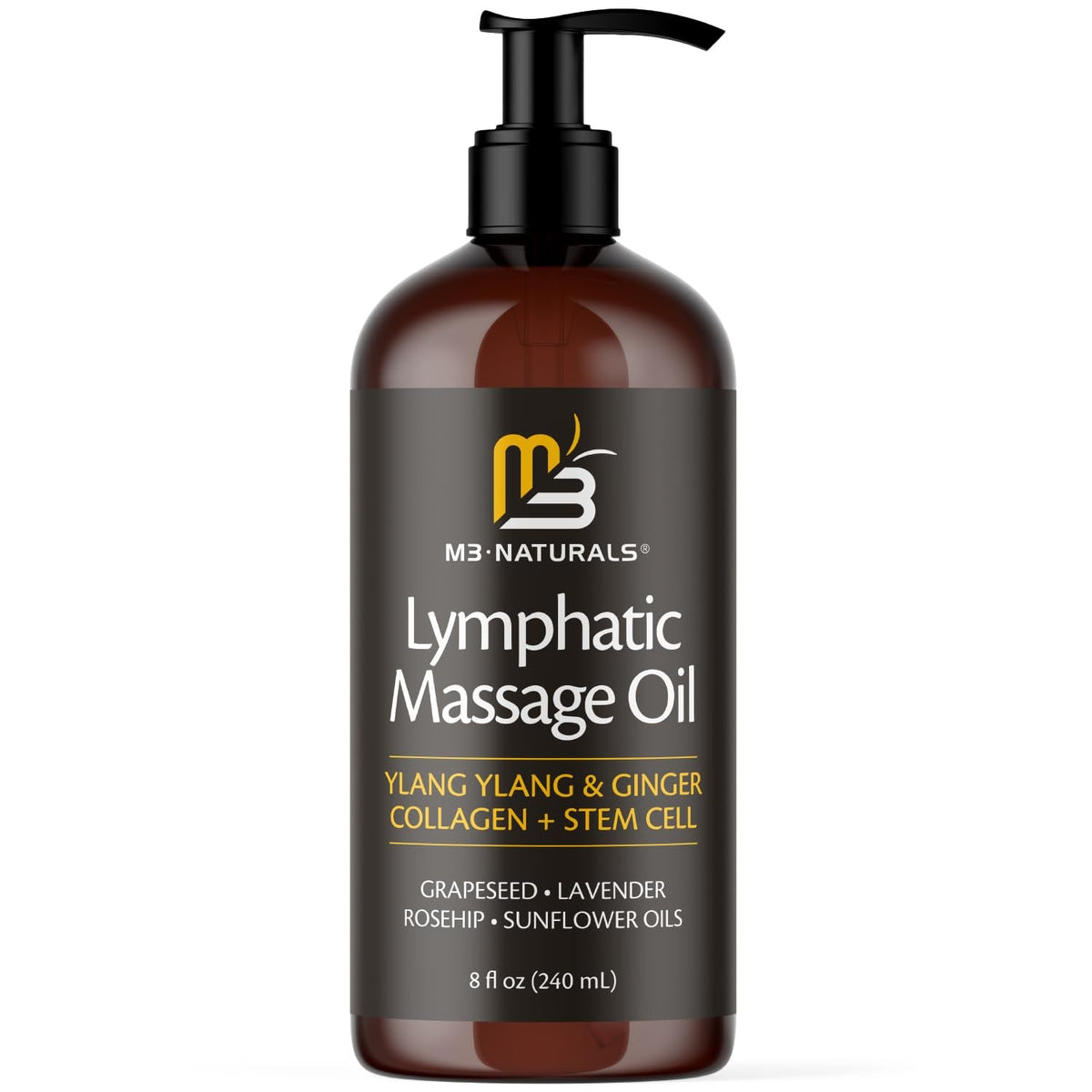 Lymphatic Massage Oil for Massage Therapy - Lymphatic Drainage Oil for Body Care Circulation & Detox Support with Ylang Ylang, Ginger, Lavender, Grapeseed, Vitamin E & Stem Cell (8 Fl Oz) by M3 - Maple Wellness Supplements