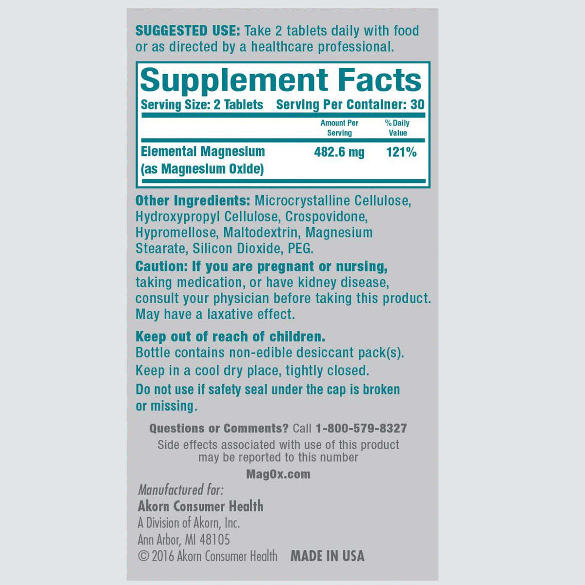 Mag-Ox Magnesium Supplement, Pharmaceutical Grade Magnesium Oxide 483mg, Most Concentrated Form of Magnesium, 120 Tablets (Pack of 3) - Maple Wellness Supplements